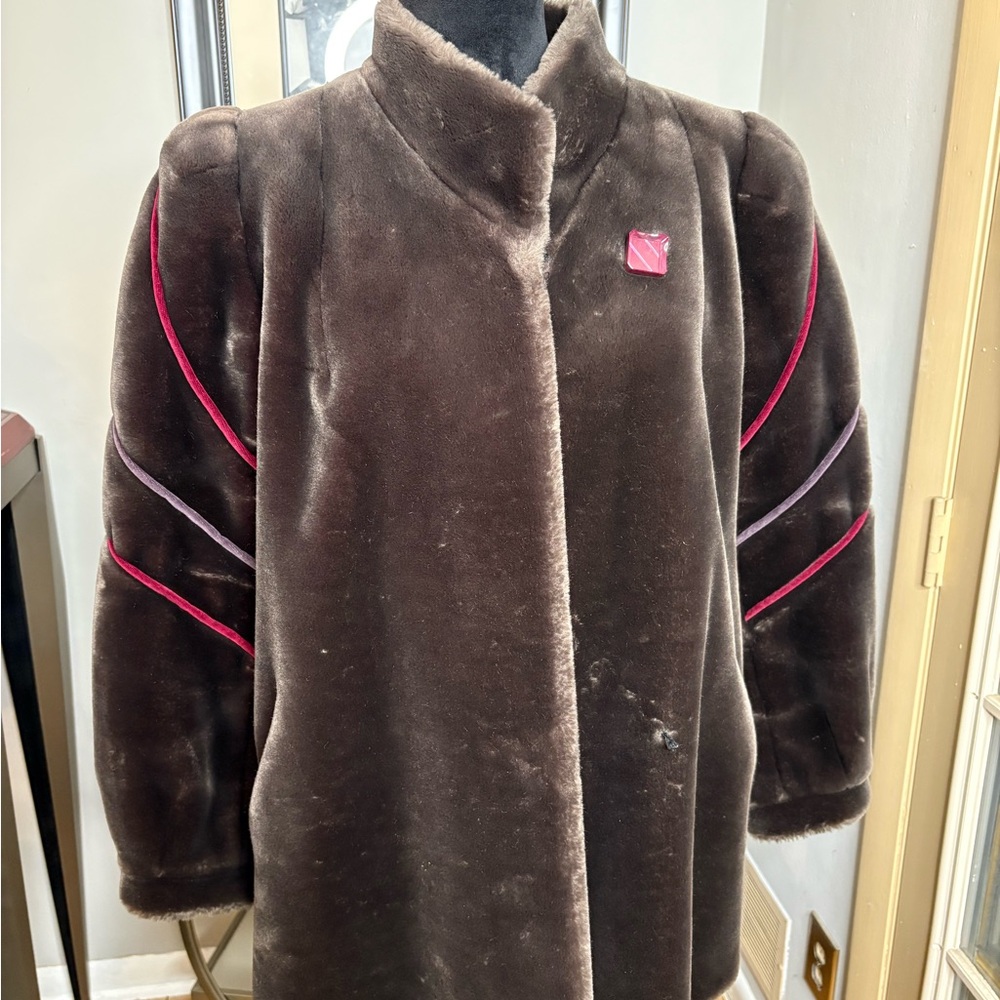 Brown Faux Fur Coat with Pink Accents